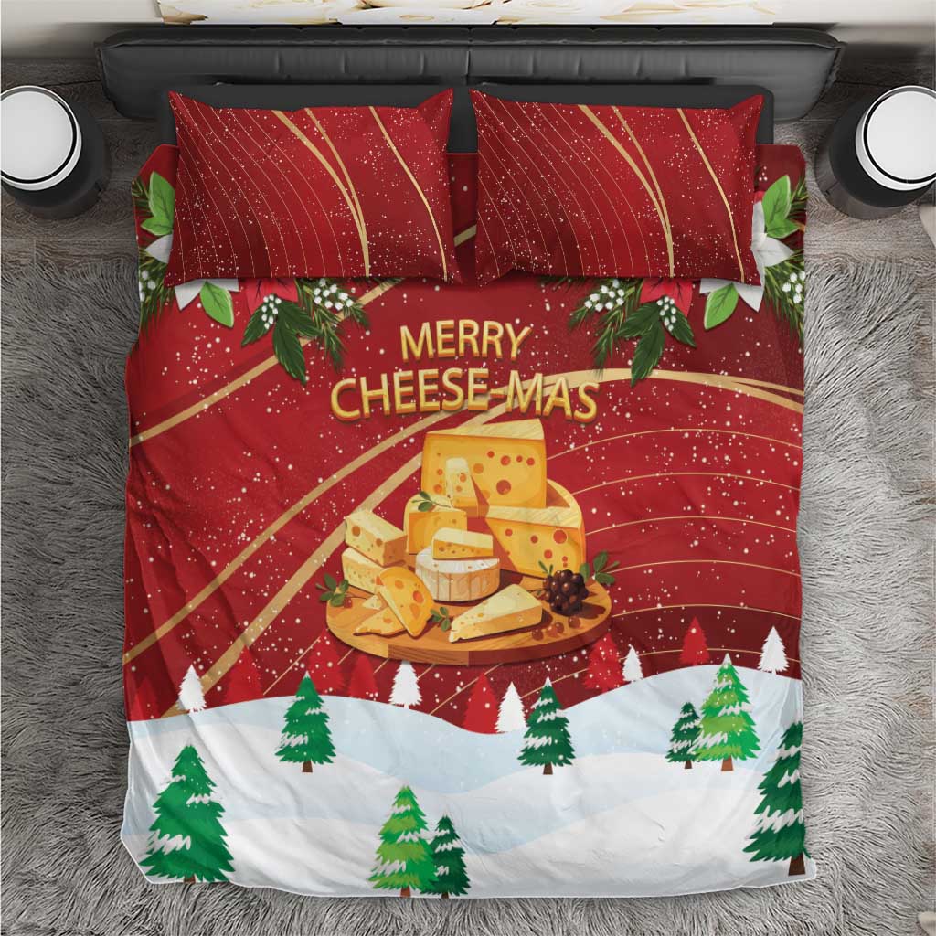 Red bedding set with 'Merry Cheese-Mas', cheese plate art, pine trees, two pillows
