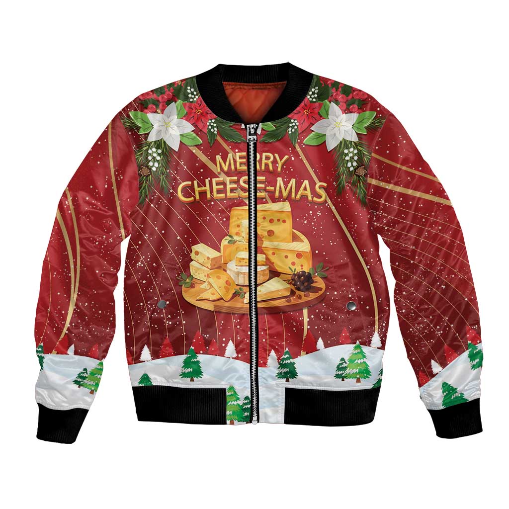 Red unisex bomber jacket with zip front, ribbed cuffs, and Merry Cheesemas cheese graphic