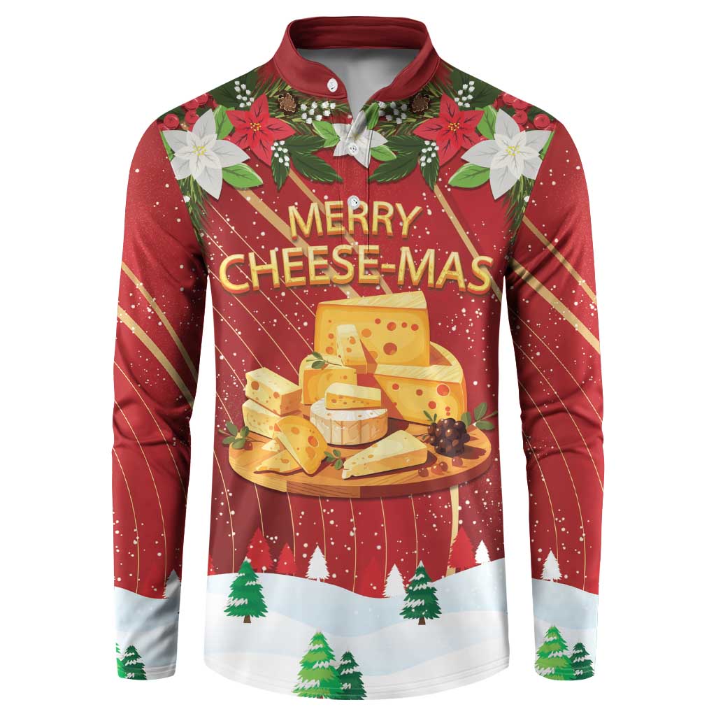 Red button-front sweatshirt with Merry Cheese-Mas cheese graphic and holly trees.
