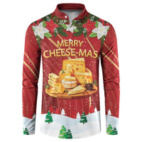 Red button-front sweatshirt with Merry Cheese-Mas cheese graphic and holly trees.