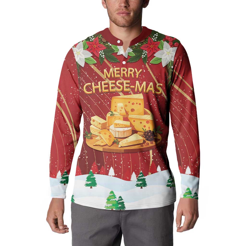 Red button-front sweatshirt on model, Merry Cheese-Mas cheese graphic over winter tree border.