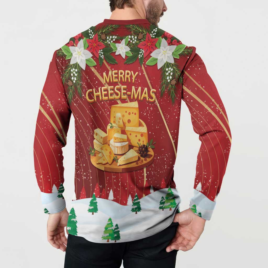 Red button-front sweatshirt back, Merry Cheese-Mas cheese graphic with evergreen tree band.