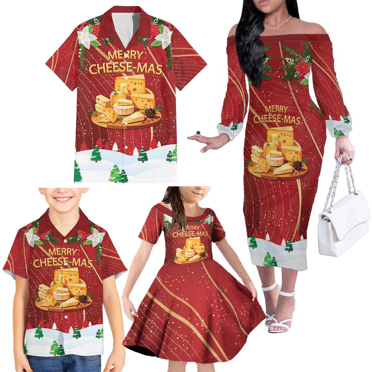 Merry Cheesemas Family Matching Off The Shoulder Long Sleeve Dress and Hawaiian Shirt Switzerland Frohe Weihnachten - Wonder Print Shop