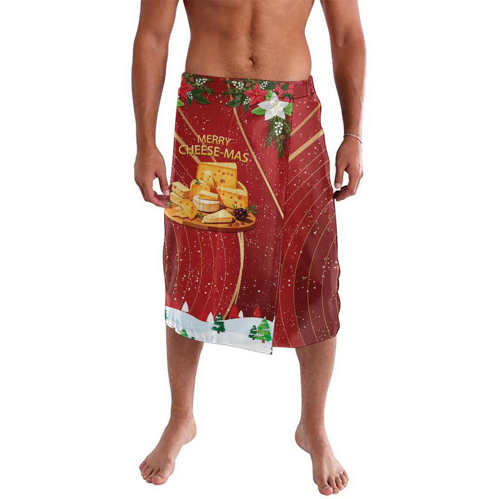 Red Christmas sarong with Merry Cheesemas cheese graphic and green holiday trim
