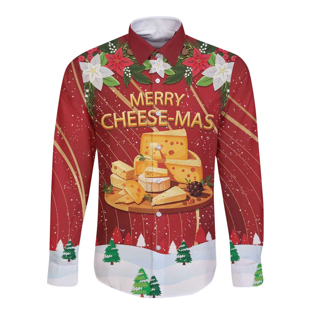 Red long-sleeve button shirt with Merry Cheese-mas front graphic and festive border