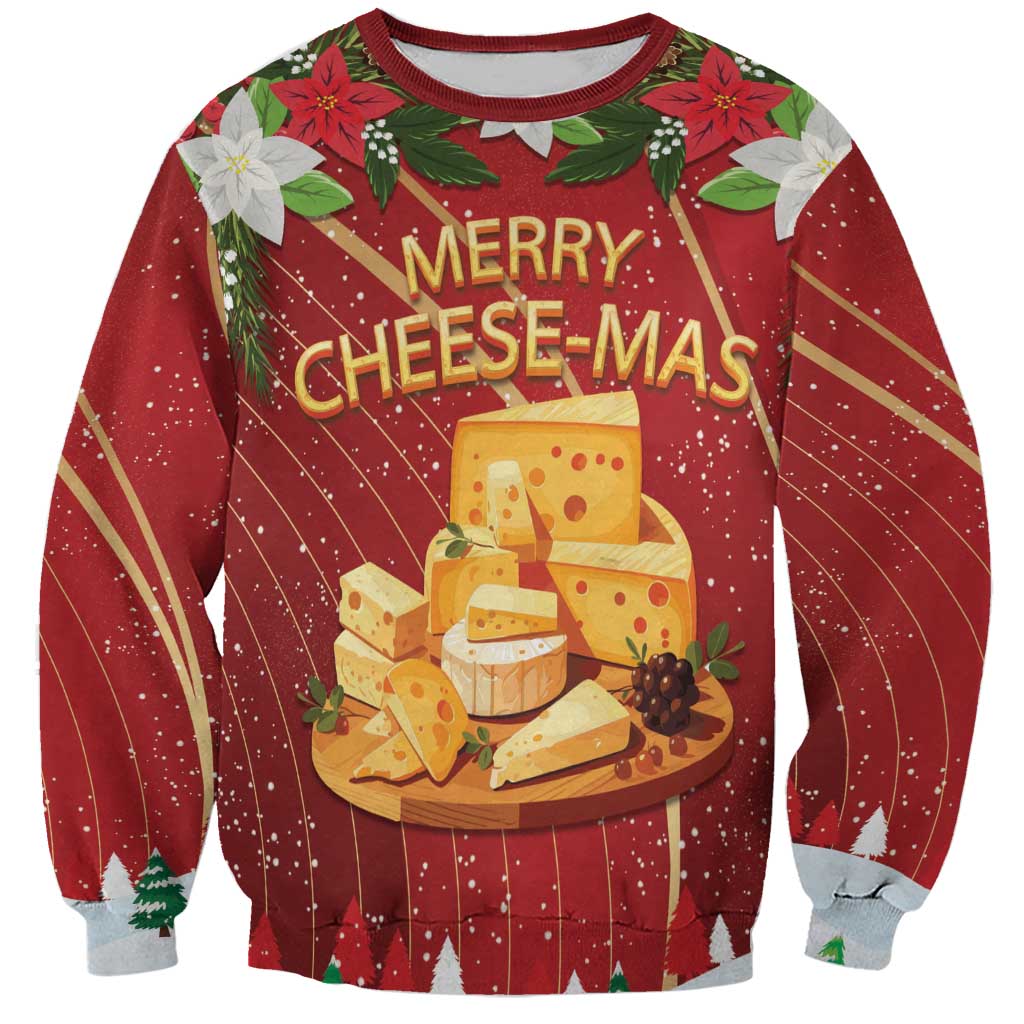 Red unisex sweatshirt with Merry Cheese-Mas cheese graphic and poinsettias