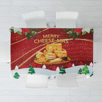 Christmas tablecloth, red 'Merry Cheese-mas' print with cheese and pine trees