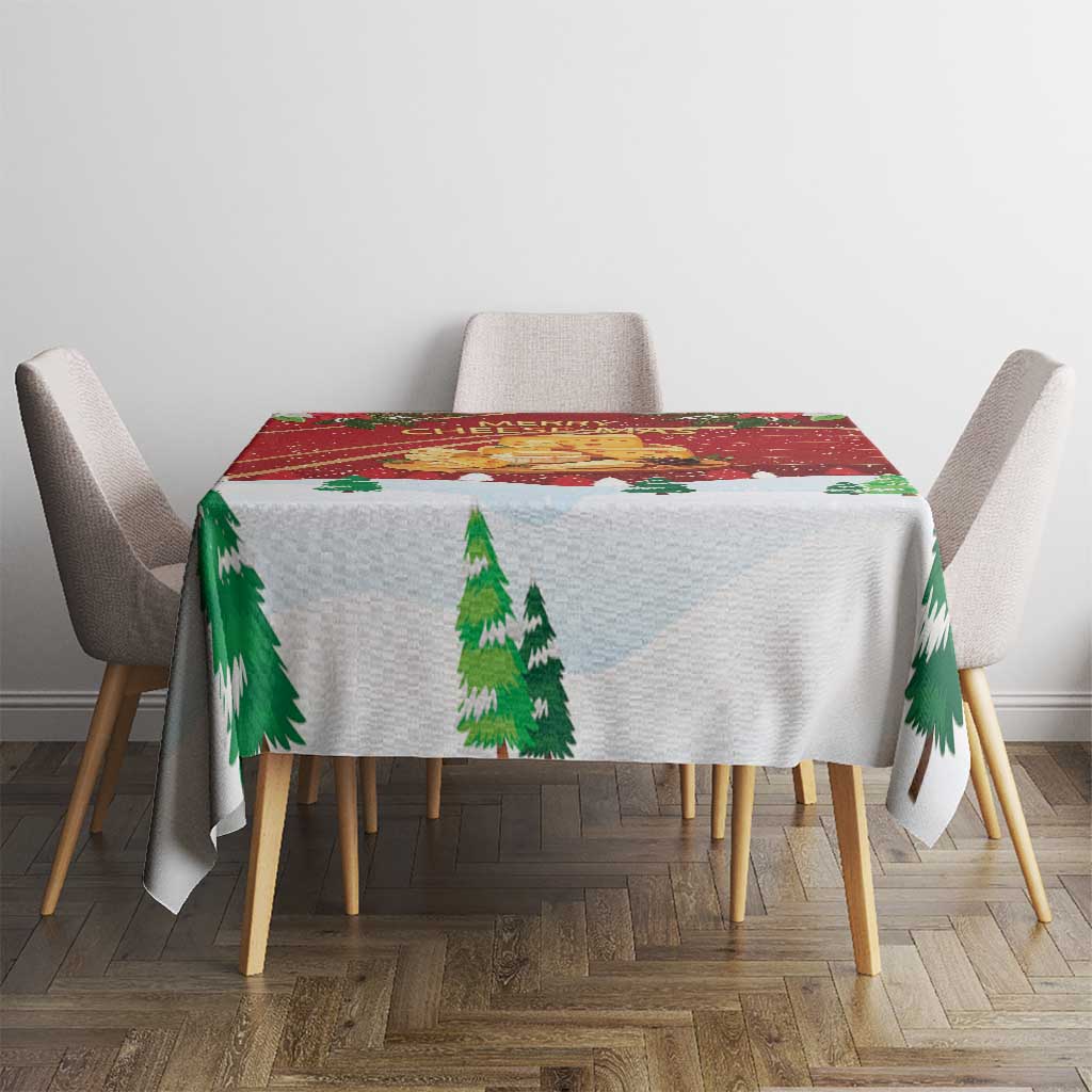 Christmas tablecloth with pine trees and red border stripe on dining table with chairs