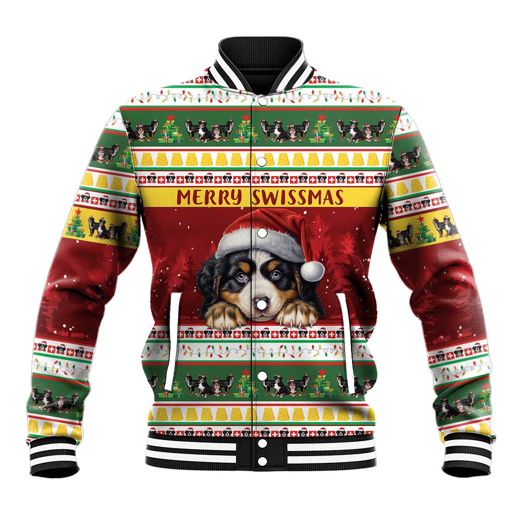 Unisex red varsity jacket with Bernese mountain dog Christmas pattern and striped ribbed collar