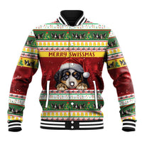 Unisex red varsity jacket with Bernese mountain dog Christmas pattern and striped ribbed collar