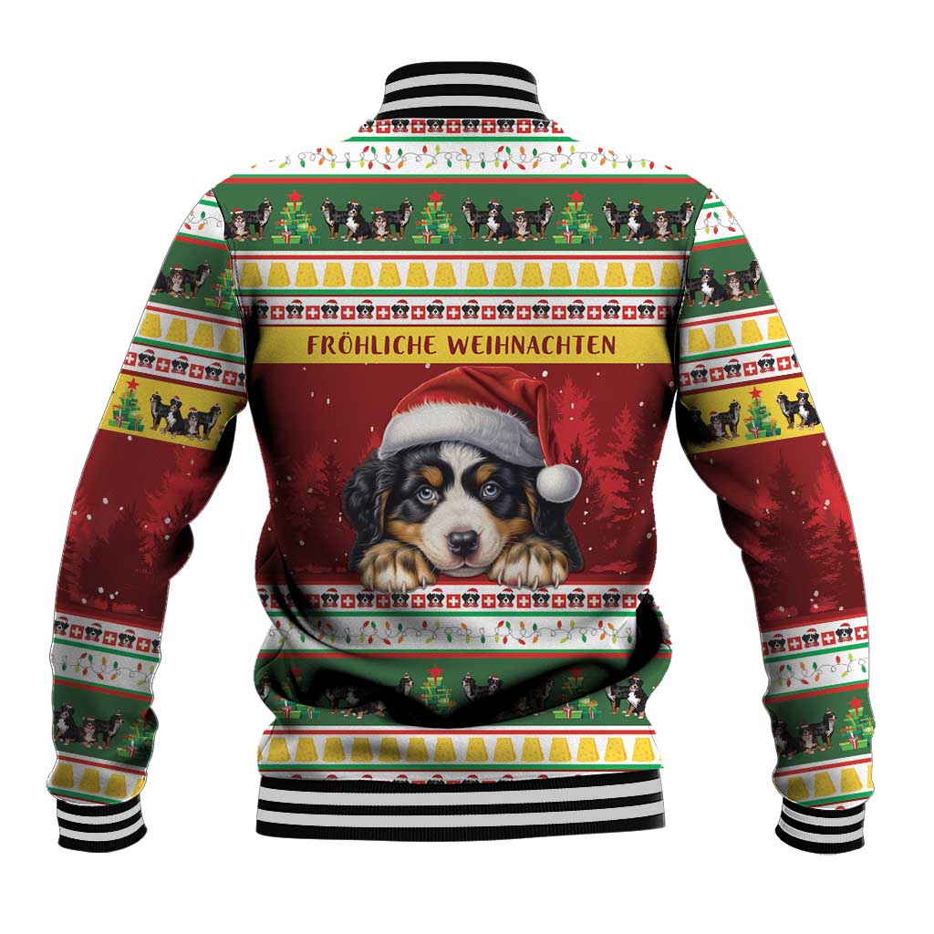 Unisex red varsity jacket back with Bernese mountain dog Christmas graphic and striped cuffs