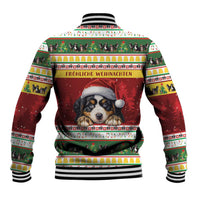 Unisex red varsity jacket back with Bernese mountain dog Christmas graphic and striped cuffs