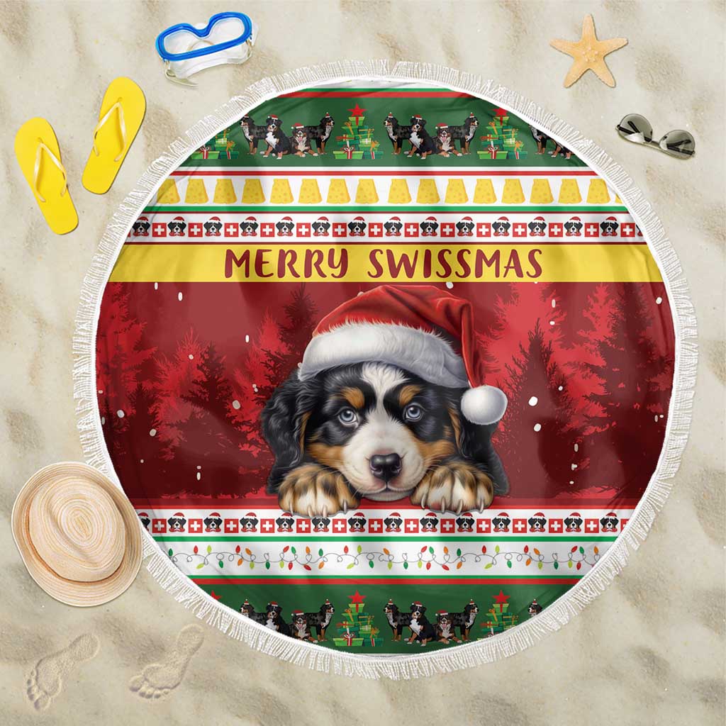Round beach blanket with Bernese mountain dog in Santa hat, Merry Swissmas design