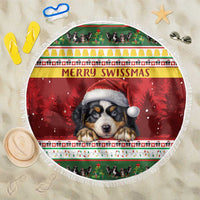 Round beach blanket with Bernese mountain dog in Santa hat, Merry Swissmas design
