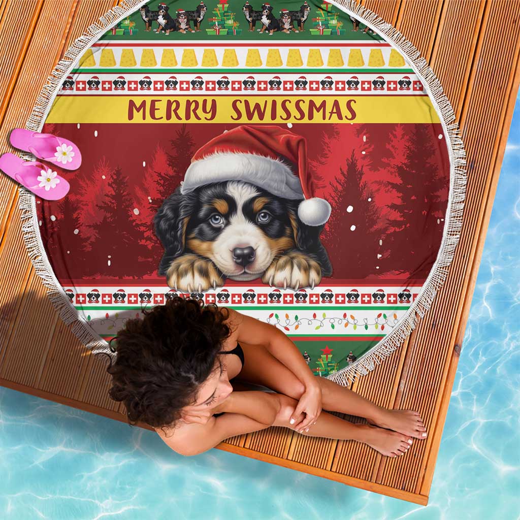 Round beach blanket, red Merry Swissmas print with Bernese mountain dog and fringed edge