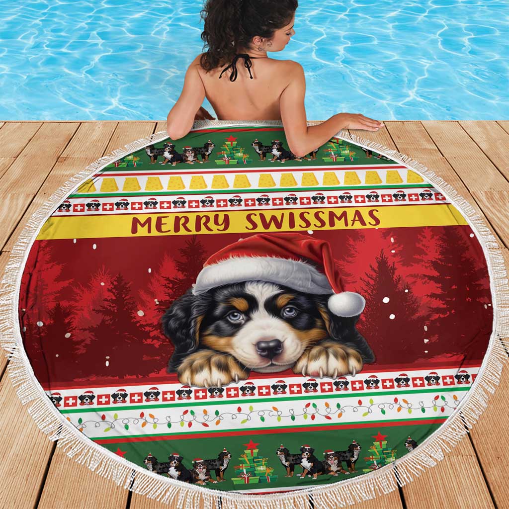 Round beach blanket with Bernese mountain dog wearing a Santa hat on Merry Swissmas red center