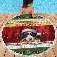 Round beach blanket with Bernese mountain dog wearing a Santa hat on Merry Swissmas red center