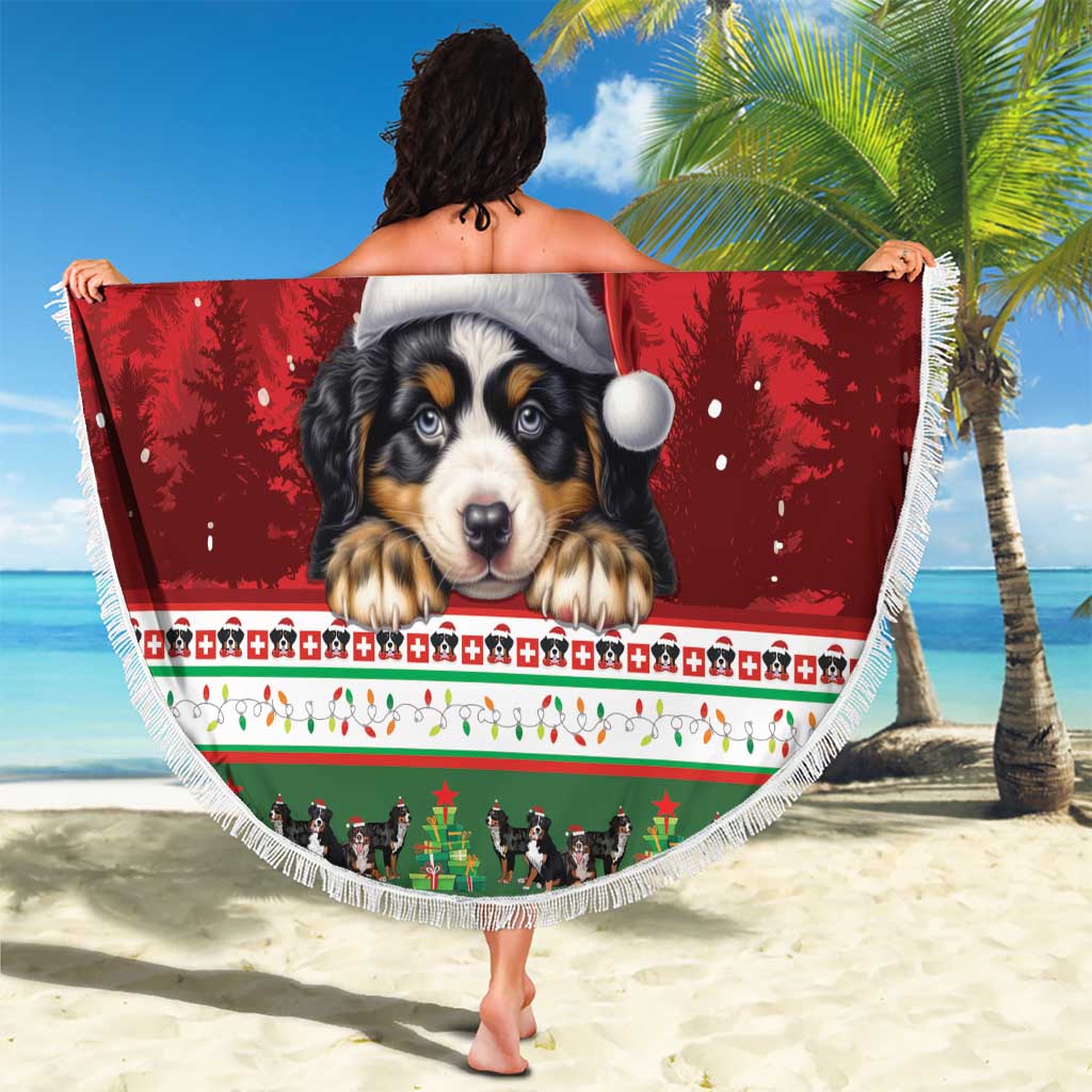 Round beach blanket featuring a Bernese mountain dog in a Santa hat, Merry Swissmas border