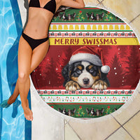 Round beach blanket with Bernese mountain dog Santa hat, red Merry Swissmas pattern