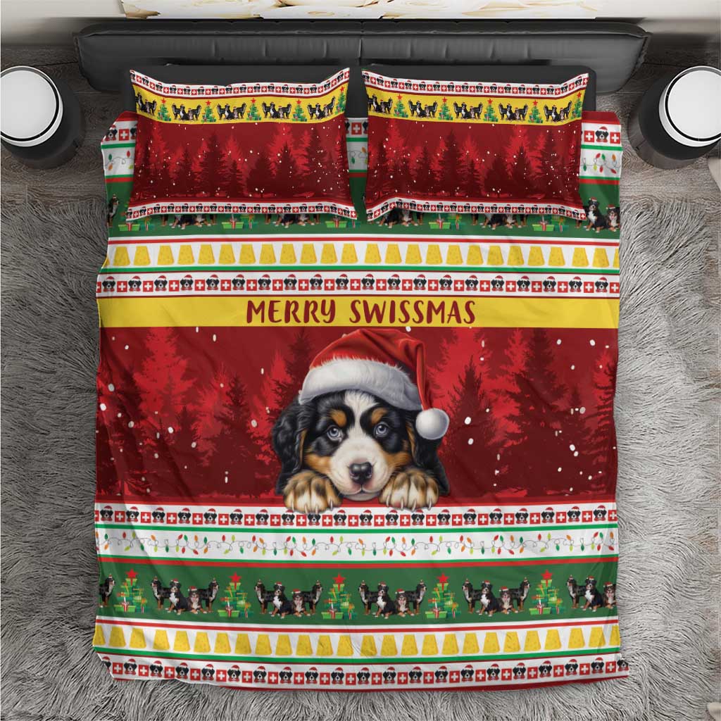 Red Merry Swissmas comforter with Bernese mountain dog Santa hat center panel and borders