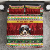 Red Merry Swissmas comforter with Bernese mountain dog Santa hat center panel and borders