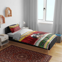 Red Bernese mountain dog Christmas bedding set on bed with matching pillows and festive stripes