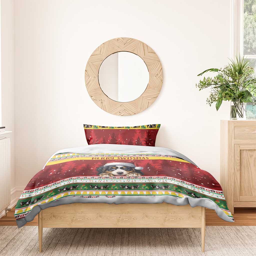 Red holiday Bernese mountain dog bedding set with Merry Swissmas text and pine tree bands