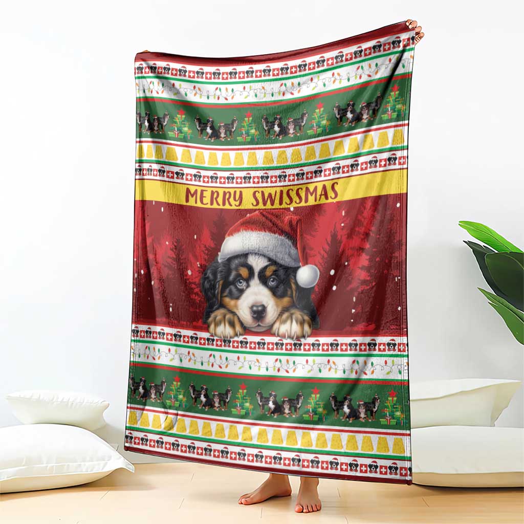 Red Bernese mountain dog Christmas blanket hanging straight, Santa hat dog portrait and 'Merry Swissmas'.