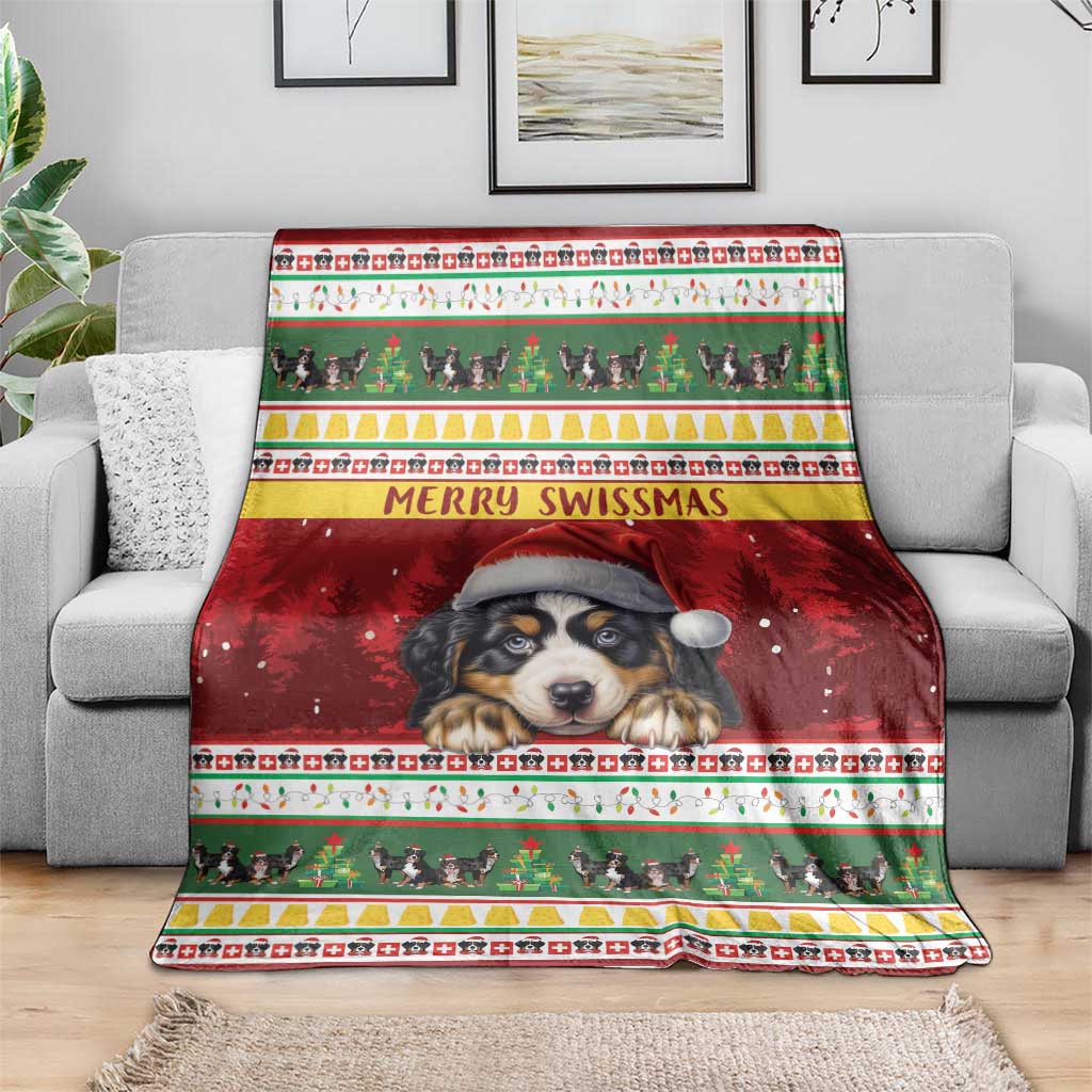 Red Bernese mountain dog Christmas blanket spread on sofa, Santa hat dog portrait and festive stripes.