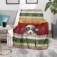 Red Bernese mountain dog Christmas blanket with Santa hat, full pattern border and 'Merry Swissmas'.