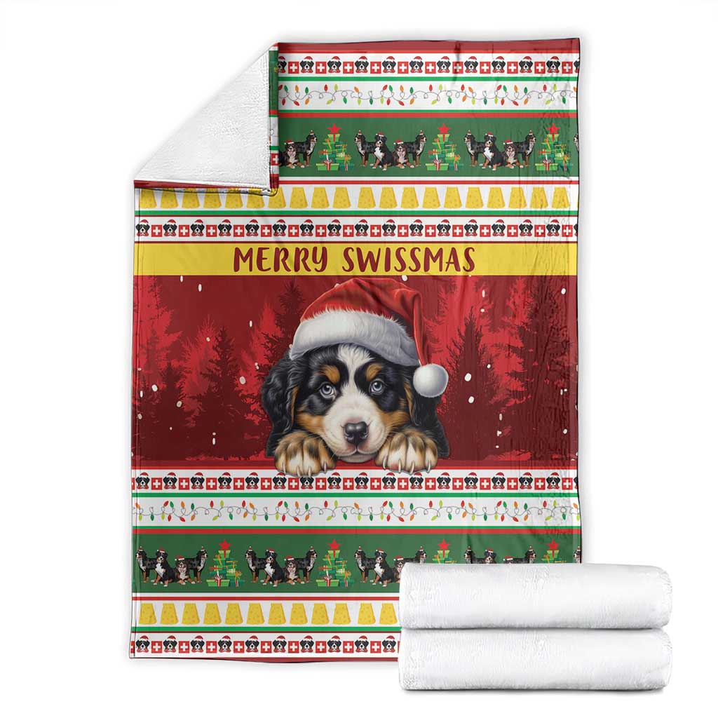 Red Bernese mountain dog Christmas blanket folded, Santa hat dog face with 'Merry Swissmas' text.