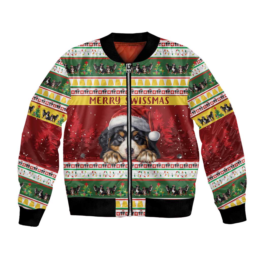 Red bomber jacket with Bernese mountain dog graphic, Merry Swissmas text, zip front.
