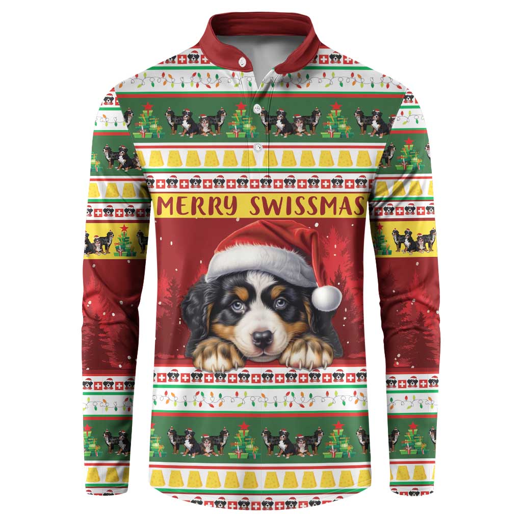 Red crewneck sweatshirt with Bernese mountain dog graphic and Swiss holiday stripe pattern