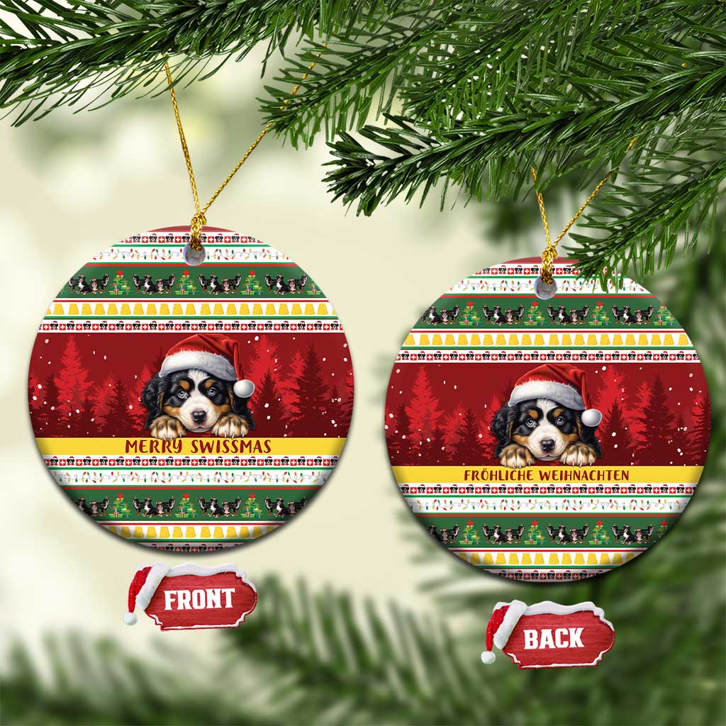 Red circular ceramic dog Christmas ornament with Swiss pattern, hanging loop, front/back labels