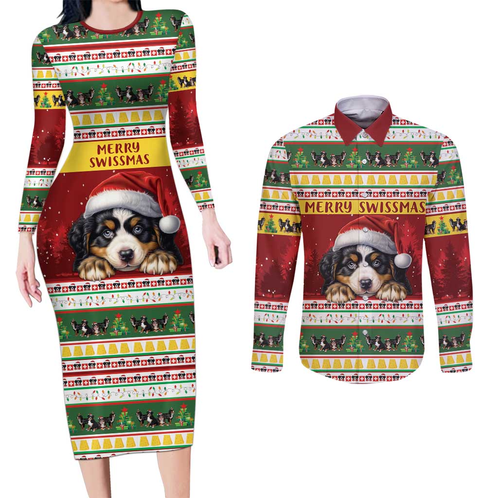 Merry Swissmas Bernese Mountain Dog Couples Matching Long Sleeve Bodycon Dress and Long Sleeve Button Shirt Switzerland Christmas Pattern LT9 - Wonder Print Shop