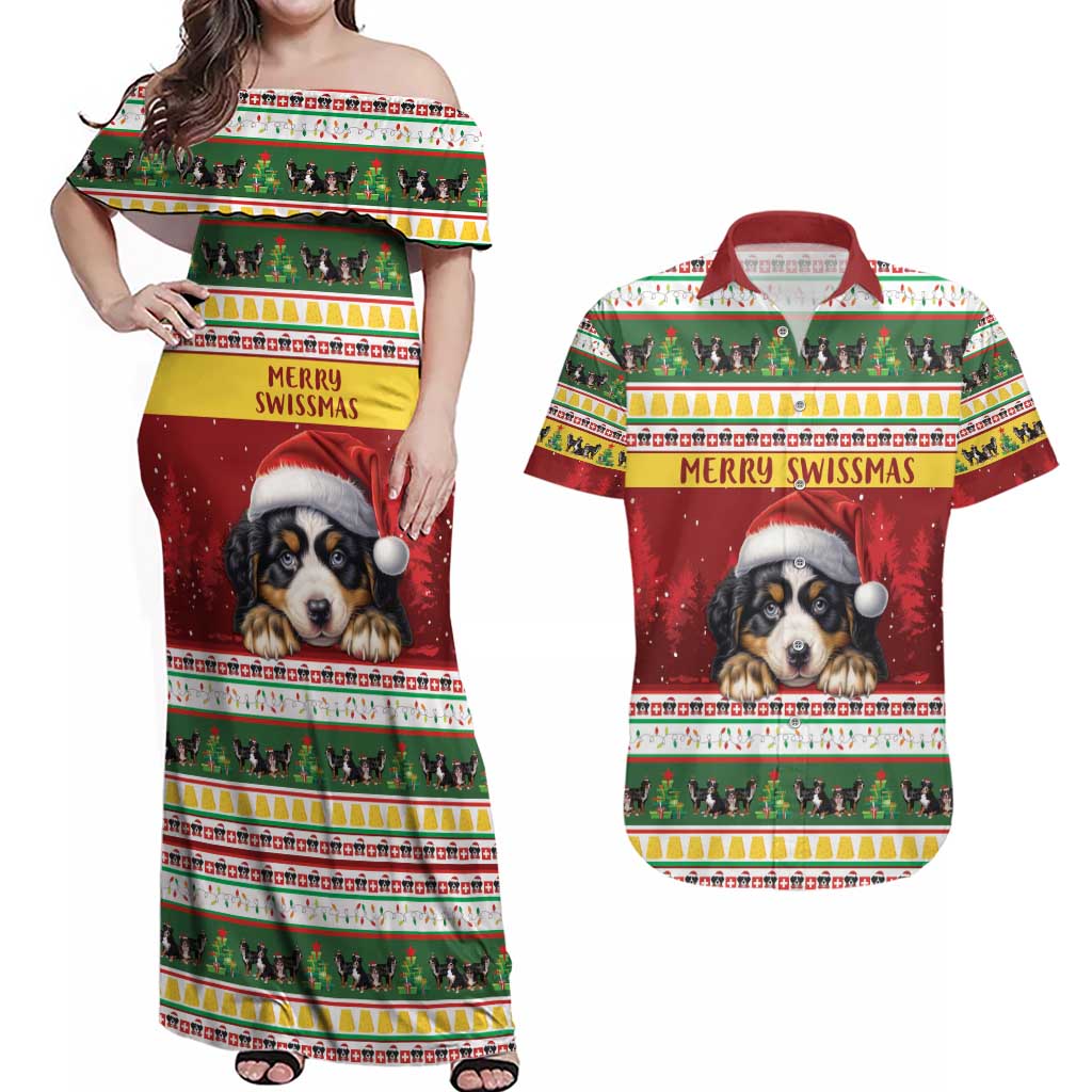 Merry Swissmas Bernese Mountain Dog Couples Matching Off Shoulder Maxi Dress and Hawaiian Shirt Switzerland Christmas Pattern LT9 - Wonder Print Shop