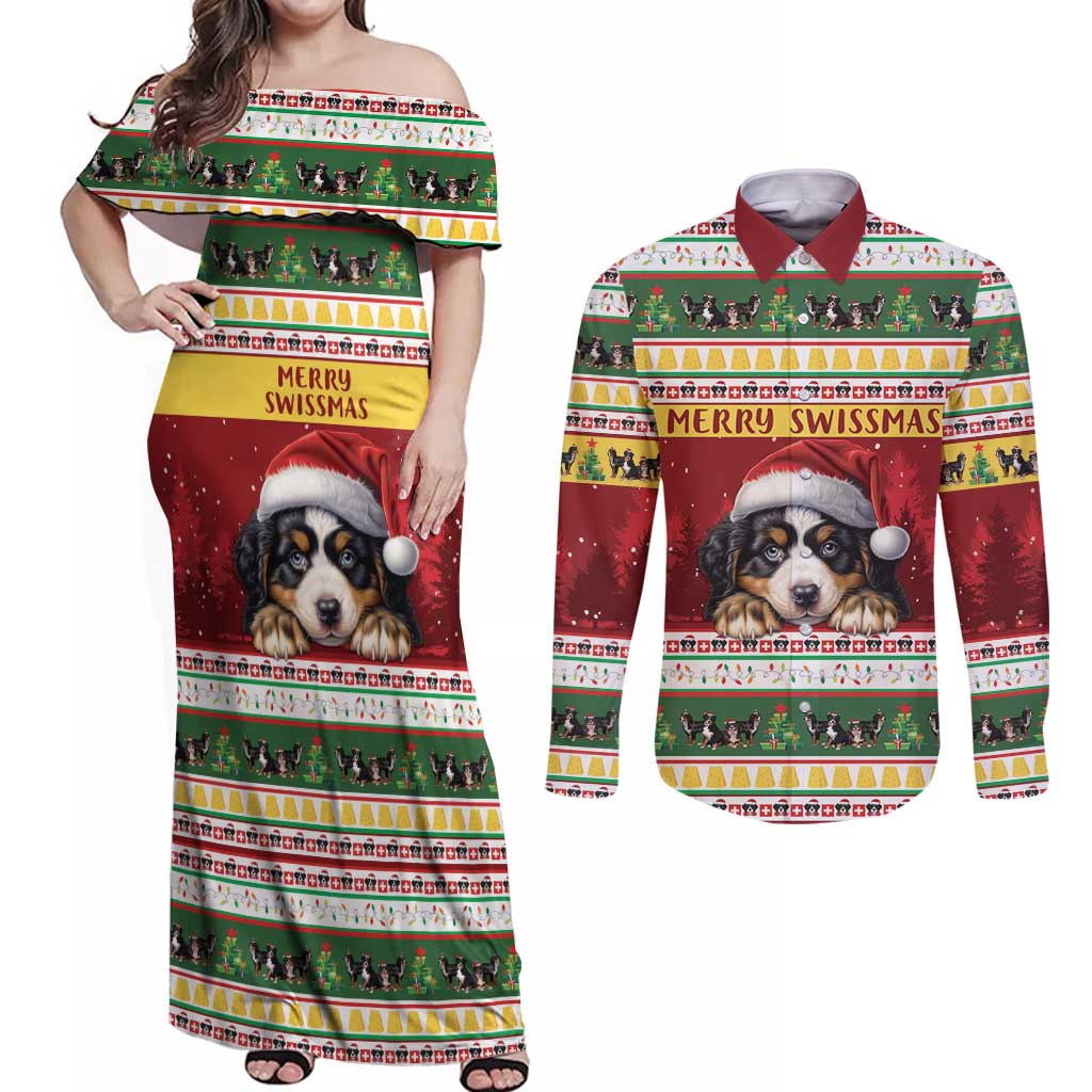 Merry Swissmas Bernese Mountain Dog Couples Matching Off Shoulder Maxi Dress and Long Sleeve Button Shirt Switzerland Christmas Pattern LT9 - Wonder Print Shop