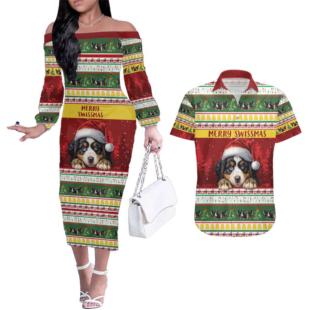 Merry Swissmas Bernese Mountain Dog Couples Matching Off The Shoulder Long Sleeve Dress and Hawaiian Shirt Switzerland Christmas Pattern LT9 - Wonder Print Shop