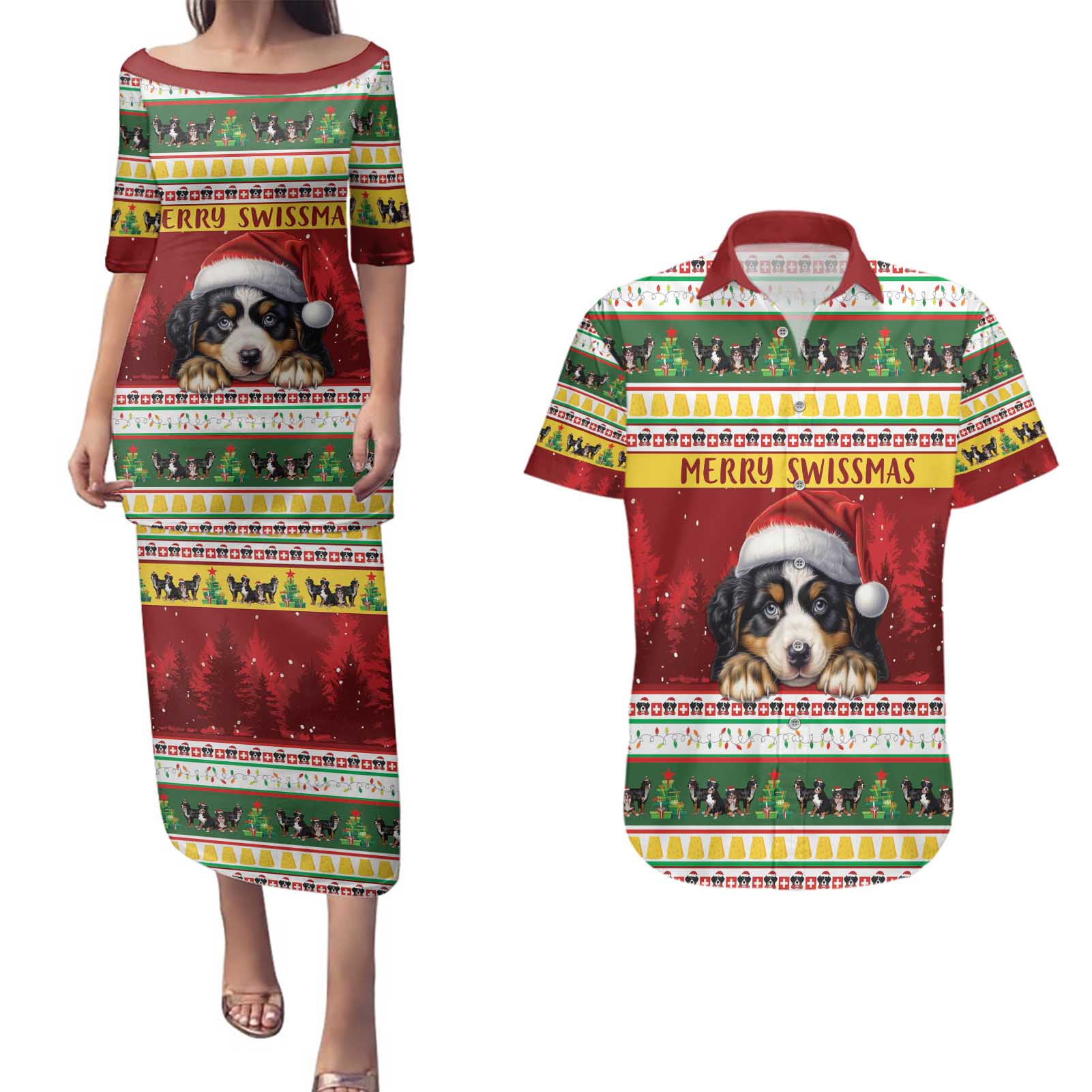 Merry Swissmas Bernese Mountain Dog Couples Matching Puletasi and Hawaiian Shirt Switzerland Christmas Pattern LT9 - Wonder Print Shop