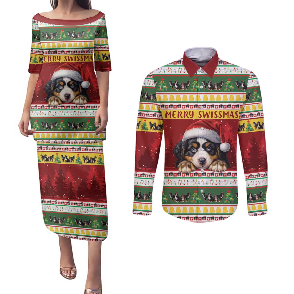 Merry Swissmas Bernese Mountain Dog Couples Matching Puletasi and Long Sleeve Button Shirt Switzerland Christmas Pattern LT9 - Wonder Print Shop