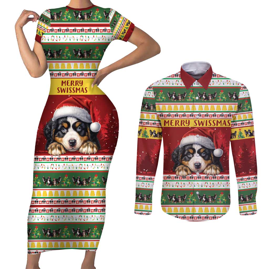 Merry Swissmas Bernese Mountain Dog Couples Matching Short Sleeve Bodycon Dress and Long Sleeve Button Shirt Switzerland Christmas Pattern LT9 - Wonder Print Shop