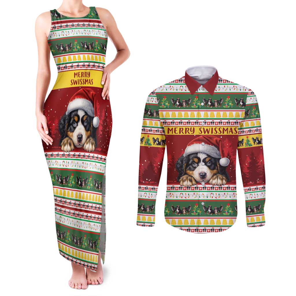 Merry Swissmas Bernese Mountain Dog Couples Matching Tank Maxi Dress and Long Sleeve Button Shirt Switzerland Christmas Pattern LT9 - Wonder Print Shop