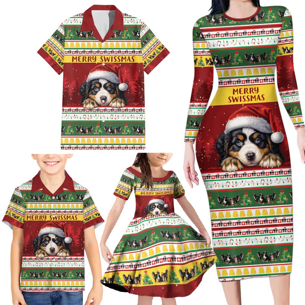 Merry Swissmas Bernese Mountain Dog Family Matching Long Sleeve Bodycon Dress and Hawaiian Shirt Switzerland Christmas Pattern LT9 - Wonder Print Shop