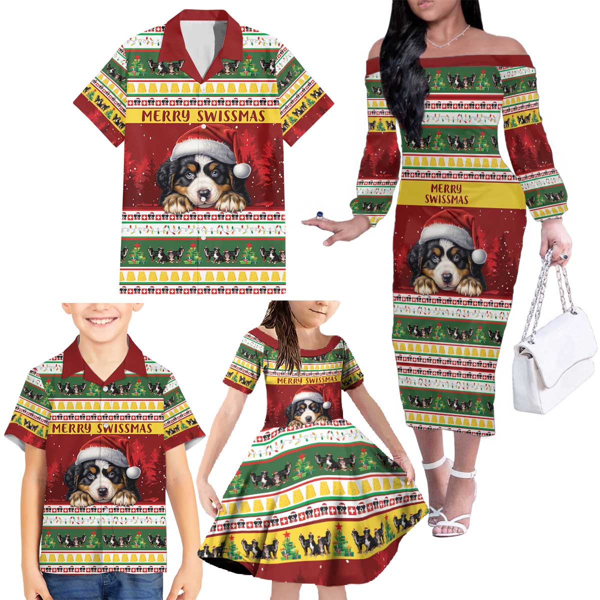 Merry Swissmas Bernese Mountain Dog Family Matching Off The Shoulder Long Sleeve Dress and Hawaiian Shirt Switzerland Christmas Pattern - Wonder Print Shop