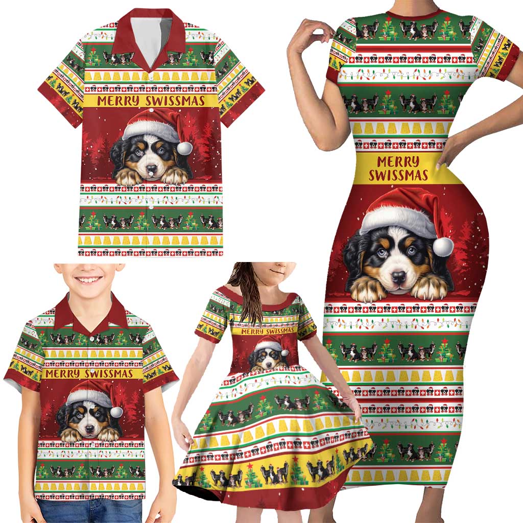 Merry Swissmas Bernese Mountain Dog Family Matching Short Sleeve Bodycon Dress and Hawaiian Shirt Switzerland Christmas Pattern - Wonder Print Shop