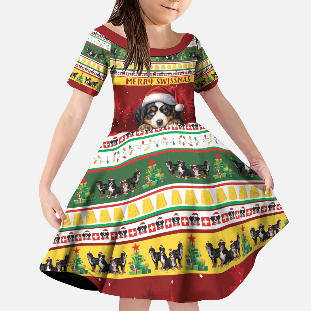 Merry Swissmas Bernese Mountain Dog Kid Short Sleeve Dress Switzerland Christmas Pattern - Wonder Print Shop