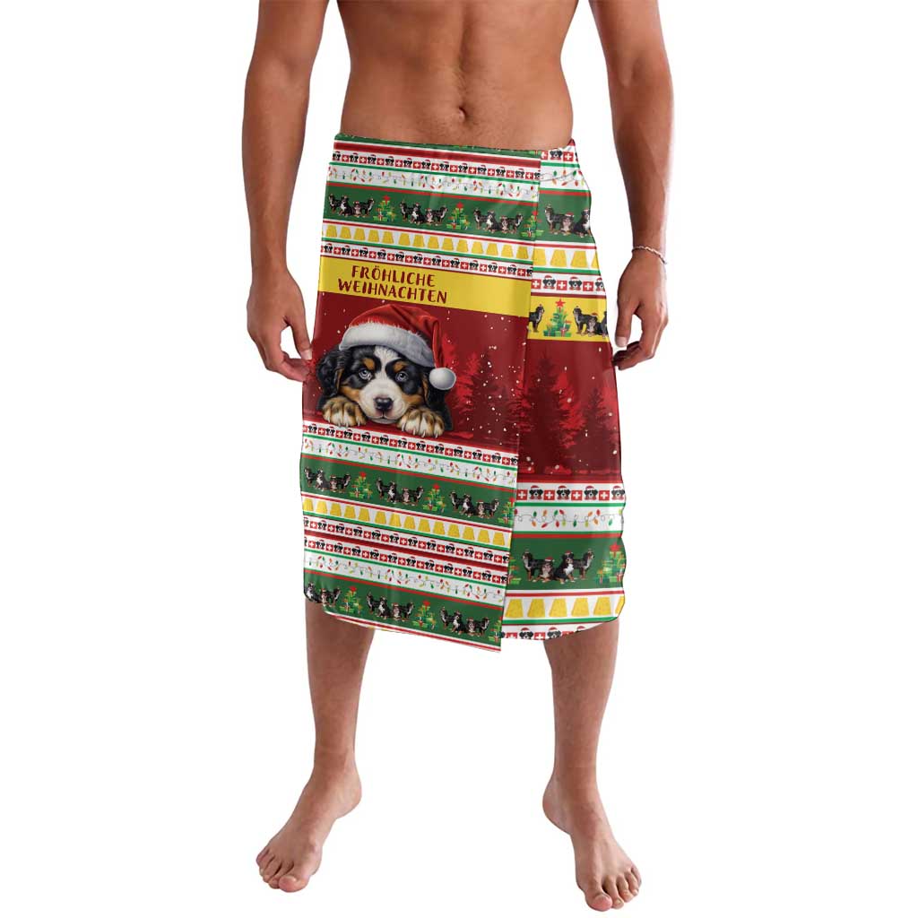 Red Christmas patterned lavalava with Bernese mountain dog graphic and striped trim