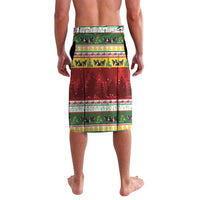 Red Christmas patterned lavalava with animal silhouettes and festive stripe border