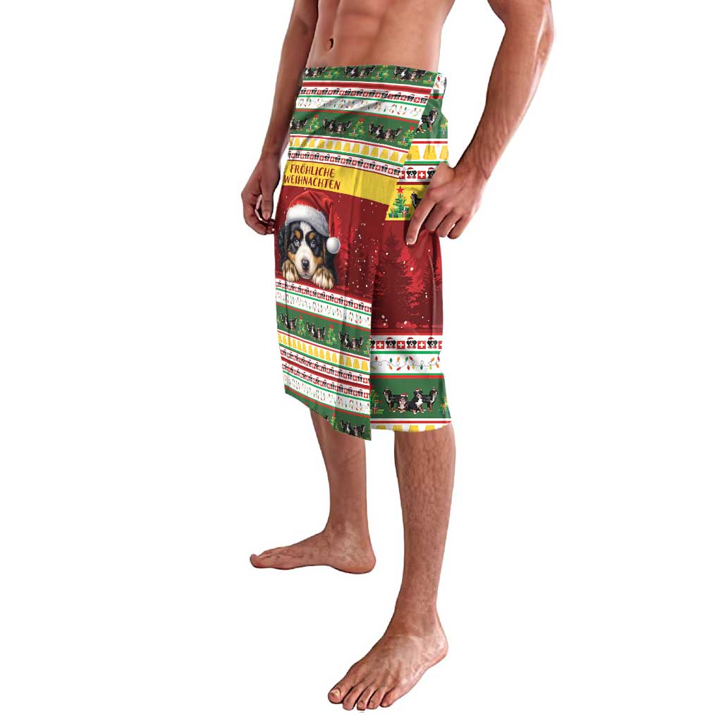 Red Christmas patterned lavalava featuring a Bernese mountain dog face and border stripes