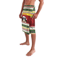 Red Christmas patterned lavalava featuring a Bernese mountain dog face and border stripes